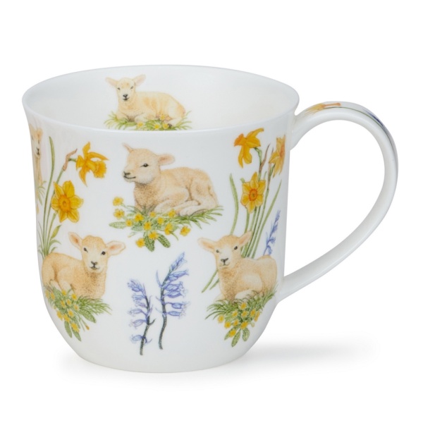 Dunoon fine bone china mugs are handcrafted in Staffordshire, England. They are produced to the highest quality using traditional methods which have been developed and refined over 3 family generations in the pottery industry. Cumbrae is an oversized, cosy drinking mug which is perfect for wrapping your hands around and snuggling up on the sofa with. It has the ability to show off designs which are both modern and traditional, holding 0.45L  Cute lambs painted with glorious precision and detail sit on beds of primroses, amongst bluebells and daffodils