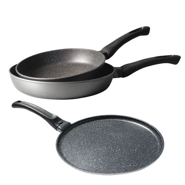 Lot 3 pièces - 2 poêles 24 et 28 cm et une Crêpière avec revêtement Dur comme la pierre Mathon