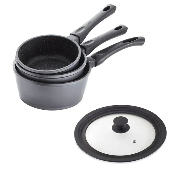 Lot 3 casseroles Dur comme la pierre 16,18 et 20 cm et couvercle multi-diamètres Mathon