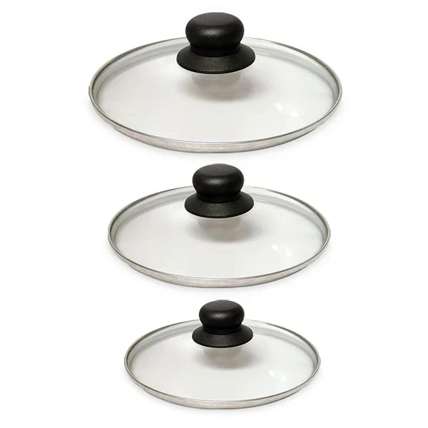 Lot 3 couvercles en verre cerclés inox 16, 18 et 20 cm Mathon