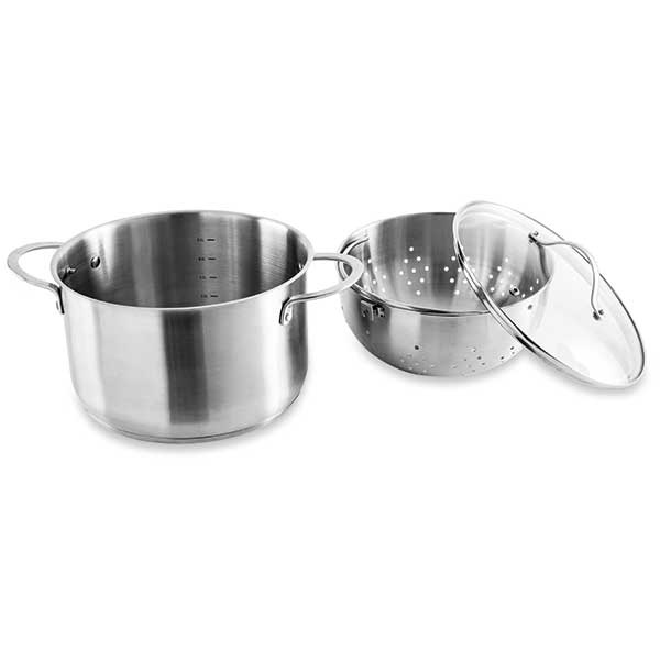 Faitout inox 24 cm avec panier passoire rotatif et couvercle en verre 6,7 L Mathon
