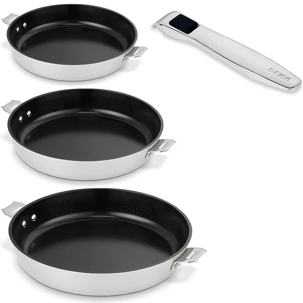 Lot de 3 poêles Evolution Alumax 20, 24, 28 cm et 1 manche amovible Beka
