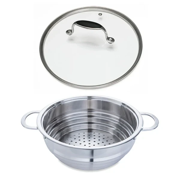 Lot panier vapeur multidiamètre et couvercle en verre Excell'Inox 24 cm Mathon