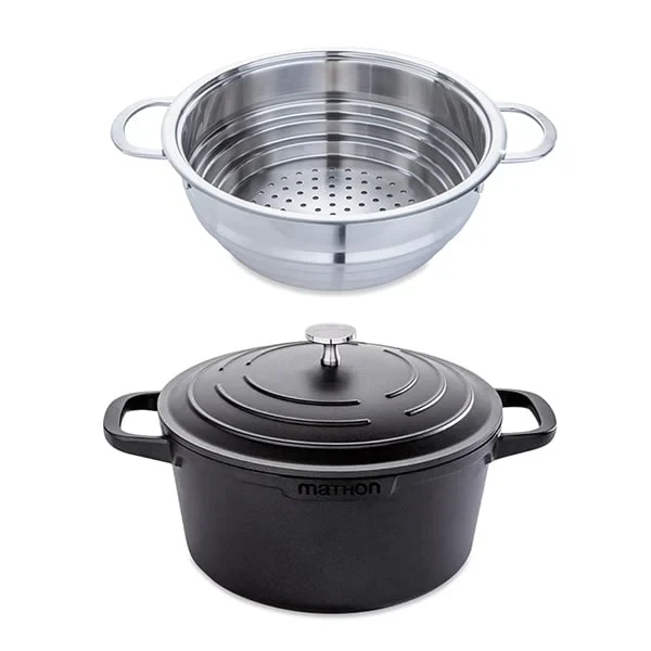 Lot cocotte légère ronde fonte aluminium 24 cm 4,5 L et panier vapeur multidiamètre Mathon