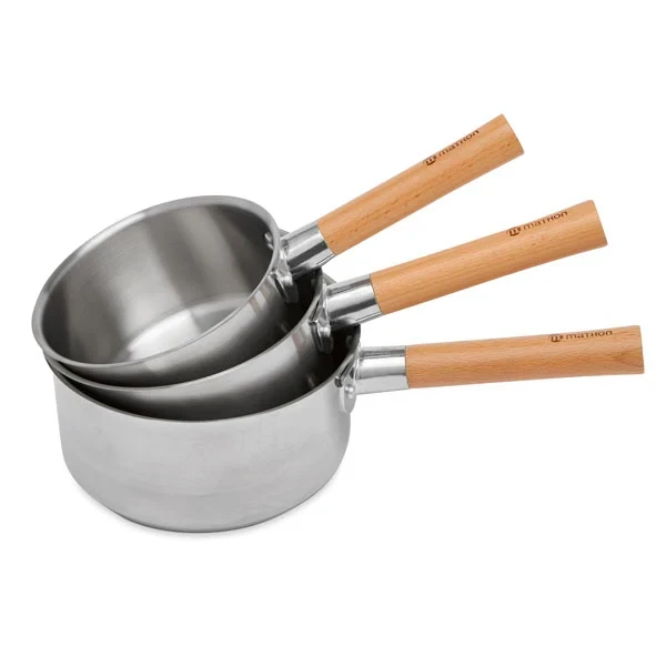Lot de 3 casseroles tout inox manche bois Natural’Inox 16, 18 et 20 cm Mathon