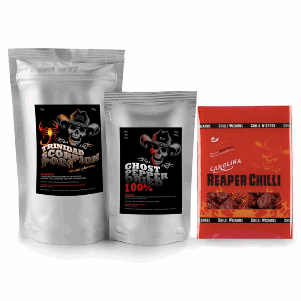 Carolina Reaper, Moruga Scorpion, Naga Jolokia Ghost Pepper Gousses séchées 10g 3 Pk Chili Challenge