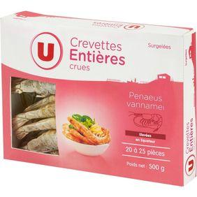 Crevettes entières crues élevées en Equateur U, 20/25 pièces, 500g