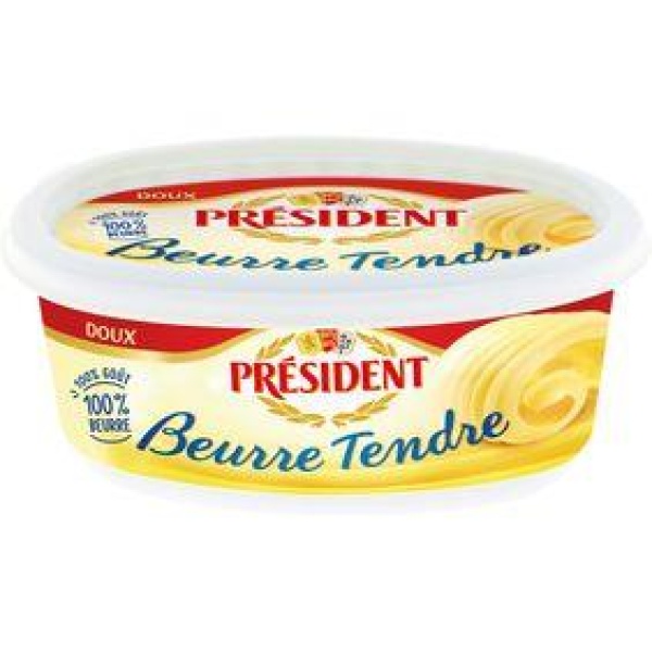 Beurre tendre doux 82% de MG, PRESIDENT, barquette de 250g