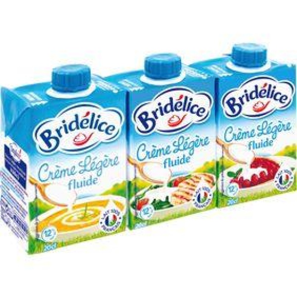 Crème légère fluide UHT, 12%MG, BRIDELICE, 3 briquettes de 20cl