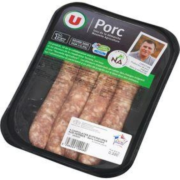 Chipolata sans colorant aux herbes, U, France, 4 pièces, barquette, 220g