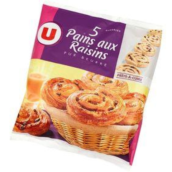 Pains aux raisins pur beurre prêt à cuire U, x5, sachet 550g