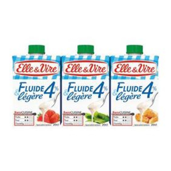 Spécialité laitière extra légère UHT ELLE&VIRE, 4%MG, 3 briquettes de20cl