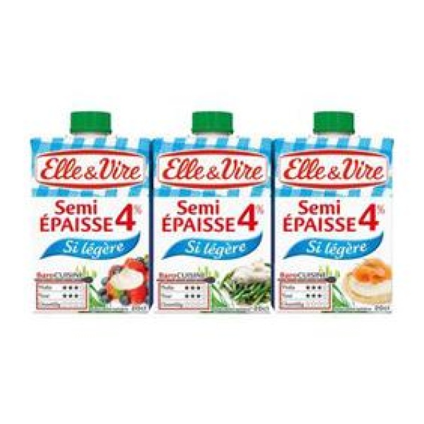 Spécialité laitière semi-épaisse si légère UHT ELLE &VIRE, 4%MG,3x20cl