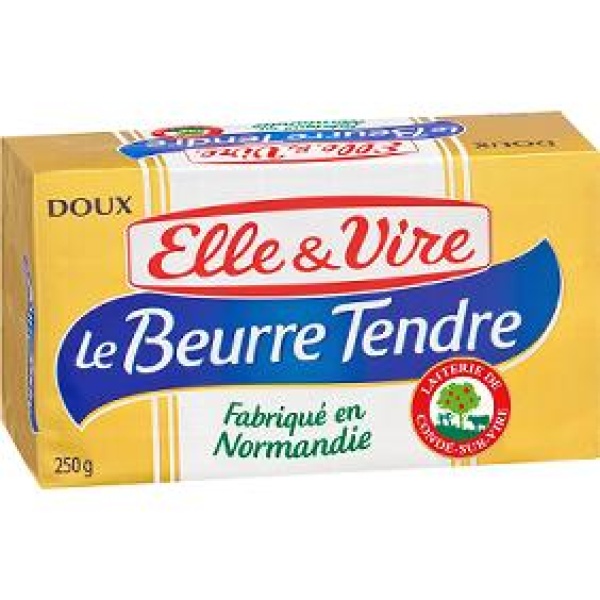 Beurre tendre doux, ELLE&VIRE, 82% de MG, plaquette de 250g