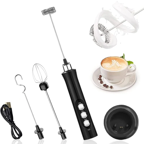 Mousseur à Lait Électrique Rechargeable USB avec Mini Fouet Electrique avec 3 Vitesses Réglable noir Vendos85