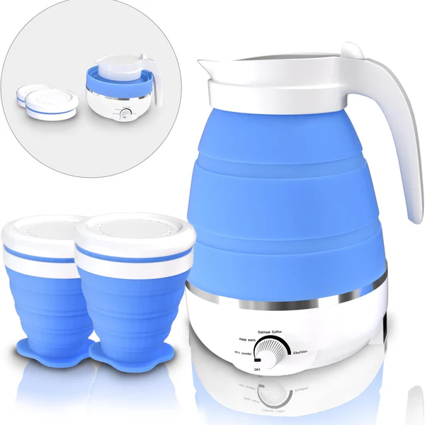 Bouilloire électrique pliable de 0,6L et 2 tasses pliables bleu Vendos85