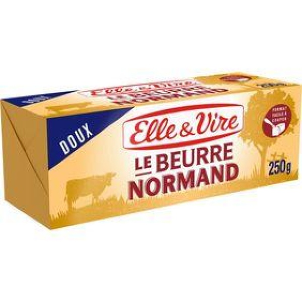 Le Beurre Normand doux, 82% de MG, ELLE & VIRE, plaquette de 250g