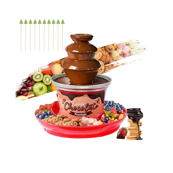 Fontaine à chocolat à 3 étages avec 10 brochettes en bambou rouge Vendos85