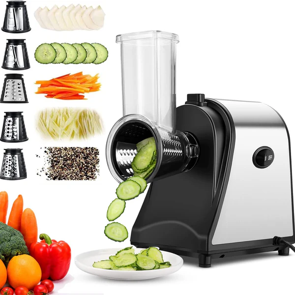 Hachoir multifonctionnel Râpe, Râpe Carottes Electrique 250W avec 5 cônes en acier inoxydable Vendos85