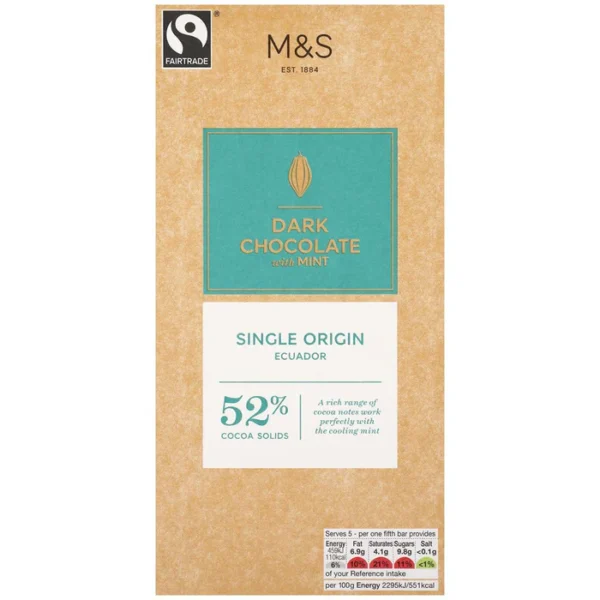 M&S Fairtrade 52% Cocoa Dark Chocolate with Mint 100g