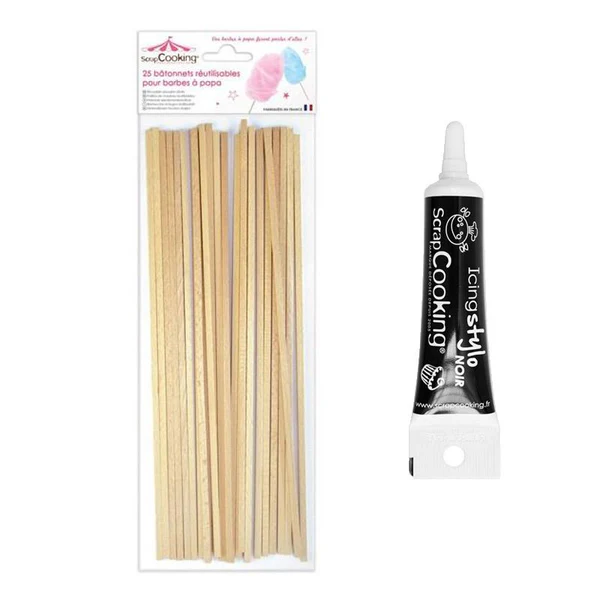 25 bâtonnets pour Barbe à papa + Stylo de glaçage noir Scrapcooking