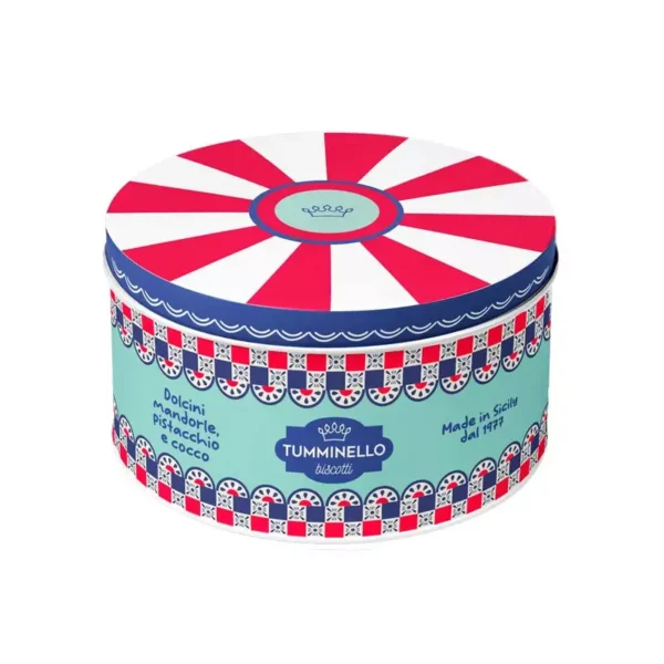 Cariddi Tin Box with assorted biscuits Almond Ricci, Pistachio Ricci and Coconut Pralines 120 gr