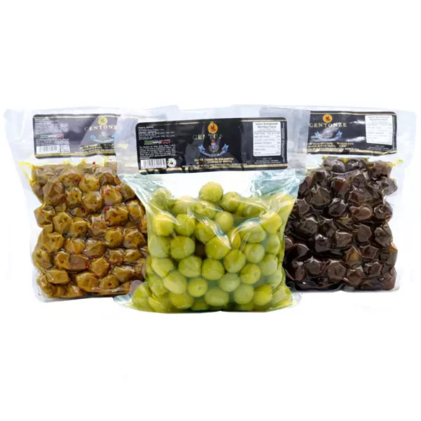 Centonze Olives Trio: Green Olives in Brine, Black Baked and seasoned in Extra Virgin Olive Oil