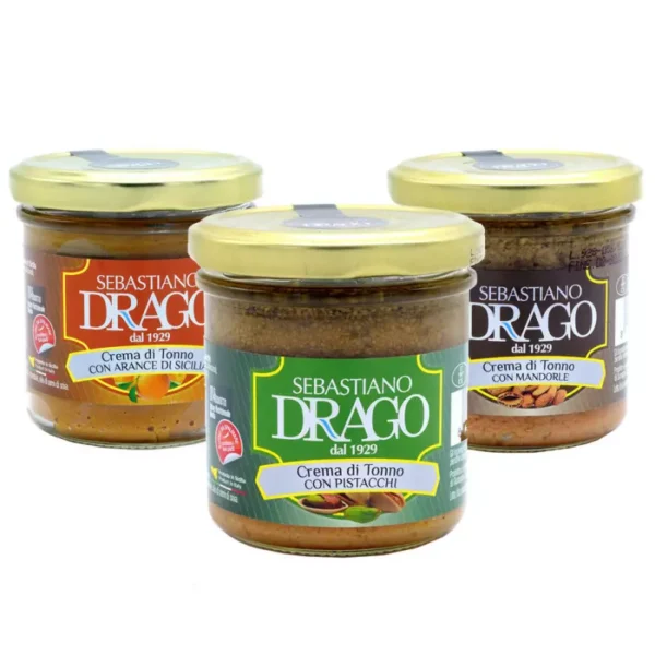Creamy Tuna fish pâtés Sebastiano Drago: Oranges, Pistachios, Almonds 130 gr x 3