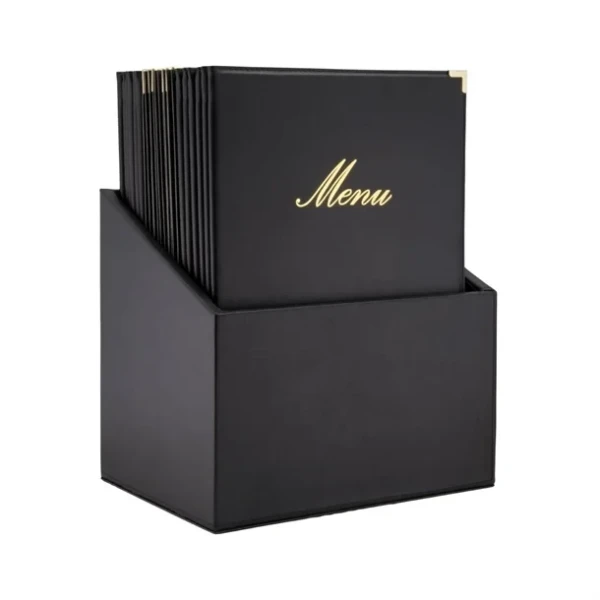 Boîte avec 20 protège-menus simili cuir A4x4 Securit Classic noirs