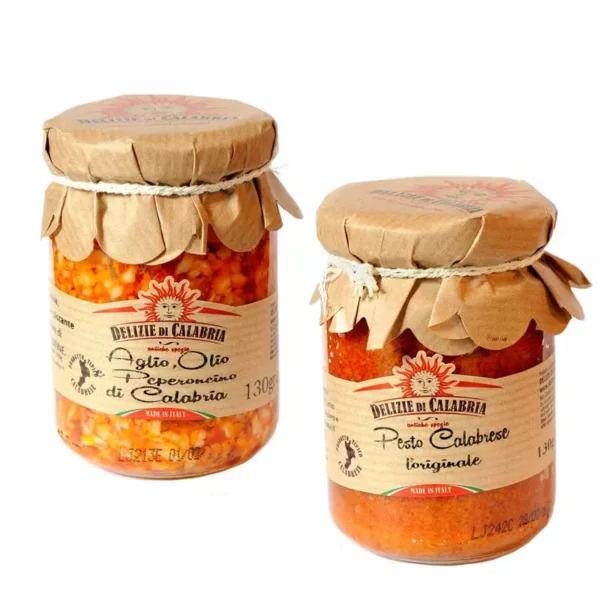 Delizie di Calabria Sauces: Pesto Calabrese and Garlic Oil and Calabrian Chilli Pepper sauce 130 gr x 2