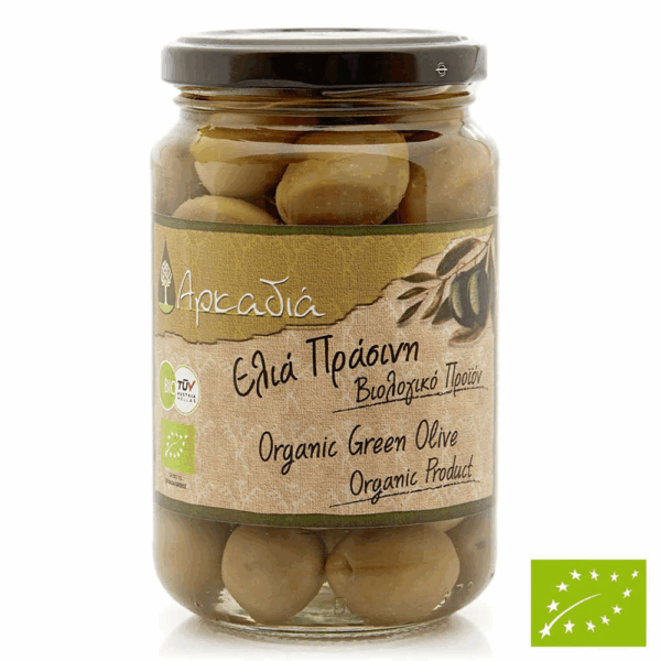 Olives vertes bio en saumure de Grèce Arcadie en bocal 355/215 g - Eliamed