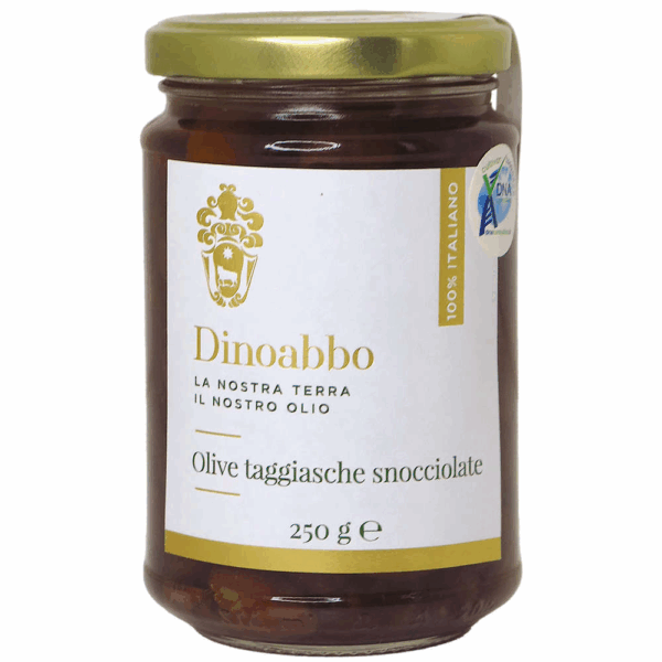Olives Taggiasca 250g net dénoyautées à l'huile d'olive Taggiasca - Dinoabbo