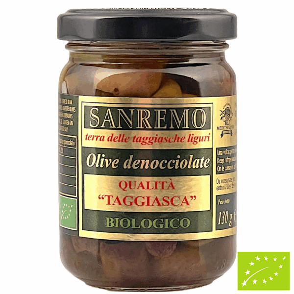 Olives Taggiasca biologiques dénoyautées à l'huile d'olive extra vierge Pot de 130 g - Bio Mediterranea