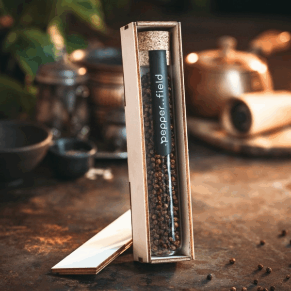 Poivre rouge de Kampot - grand tube à essai en verre de 75g dans un coffret en bois