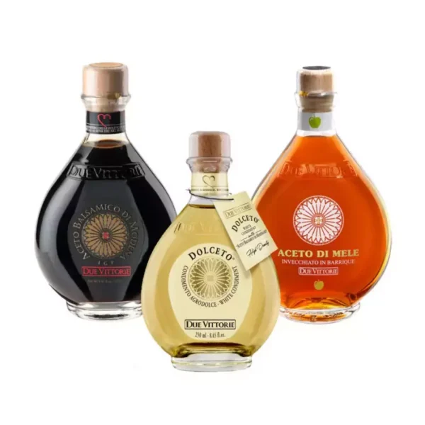 Due Vittorie Balsamic Vinegar Trio: Oro Balsamic Vinegar, White Dolceto and Apple Vinegar 250 ml x 3