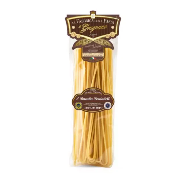 Bucatini are a long pasta format typical of Central Italy, in particular in the area around Rome. They are similar to large perforated spaghetti and are usually combined with simple sauces but with strong flavors, such as cheese and pepper or the famous Amatriciana. The Bucatini Pasta di Gragnano PGI of the Fabbrica della Pasta are produced according to the dictates of the high family tradition, using the best coarse-grained semolina of first extraction kneaded with the water of the Monti Lattari spring. The bronze drawing and the long and gentle drying at low temperature help to create a unique and high quality product.  Important information: The information about the products published on our website may change for reasons beyond our control, so there might be some differences between the information that you can find on our website and the one given on the delivered products. We invite you to always check the information written on the products before using it.