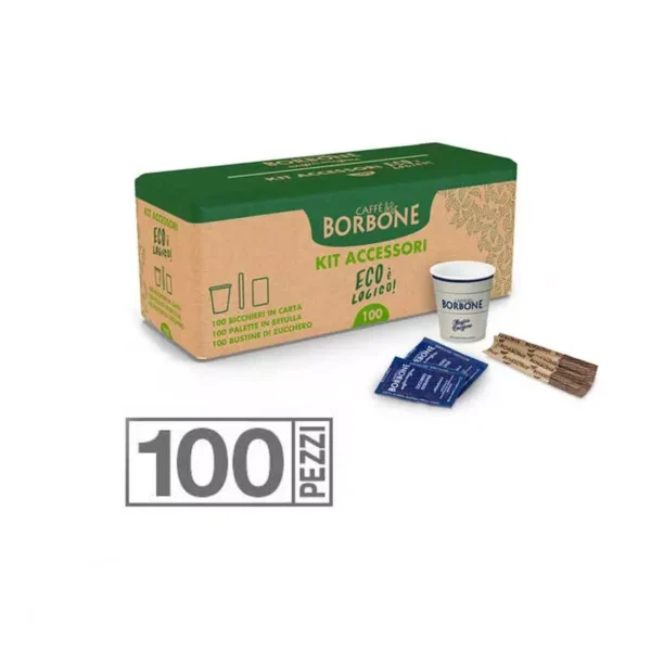 Ecological Kit 100 pieces cups, stirrers and sugar bags Caffè Borbone