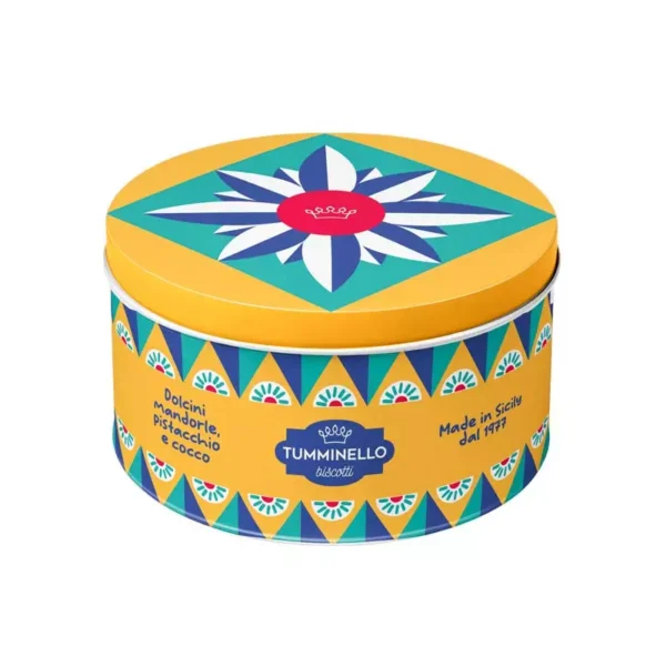 Finzia Tin Box with assorted biscuits Almond Ricci, Pistachio Ricci and Coconut Pralines 120 gr