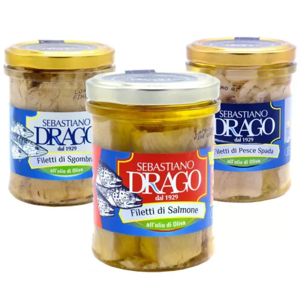 Fish Fillets in Olive Oil Sebastiano Drago: Mackerel, Salmon, Swordfish 200 gr x 3