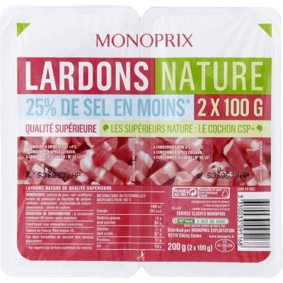 Lardons nature 25% de sel en moins