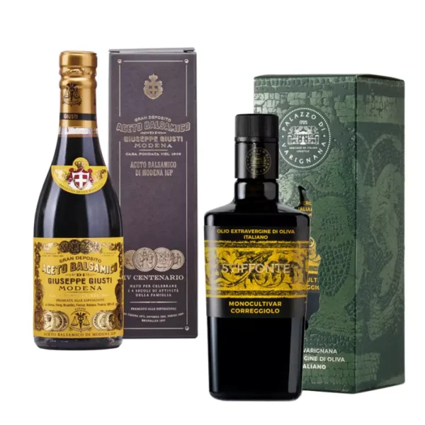 Giusti and Varignana Set: Balsamic Vinegar of Modena IGP 4 Gold Medals 250 ml and Extra Virgin Olive Oil Stiffonte 500 ml