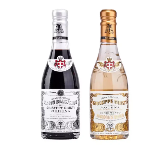 Giusti Vinegar Duo: Balsamic Vinegar of Modena PGI 1 Silver Medal and White Vinegar Dressing 250 ml x 2