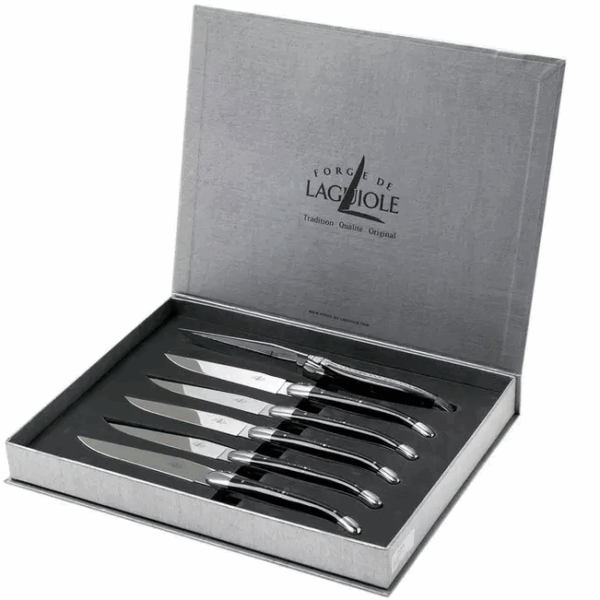 Forge de Laguiole coffret de 6 couteaux steak corne noire, T62MINBN