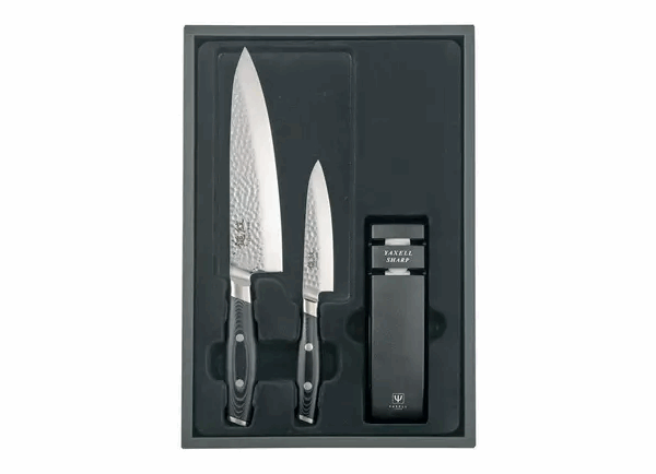 Yaxell Tsuchimon 36753, coffret cadeau 3 pièces couteau de chef, couteau utilitaire et aiguiseur de couteaux