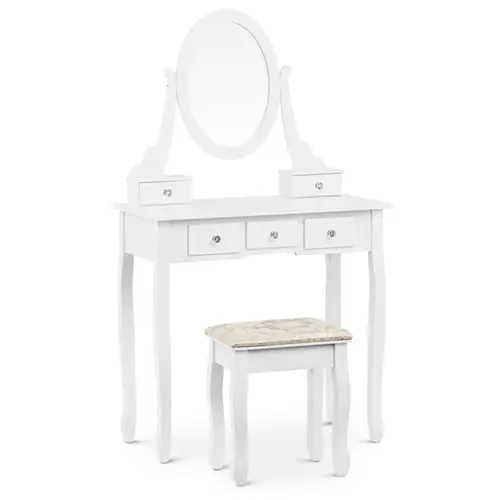 Coiffeuse avec miroir ovale et tabouret - 5 tiroirs - blanc