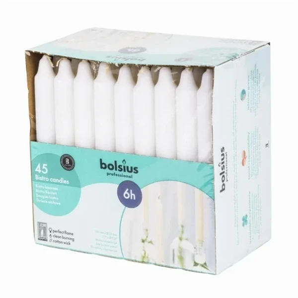 Bougies bistro Bolsius 177mm blanches (Lot de 45)