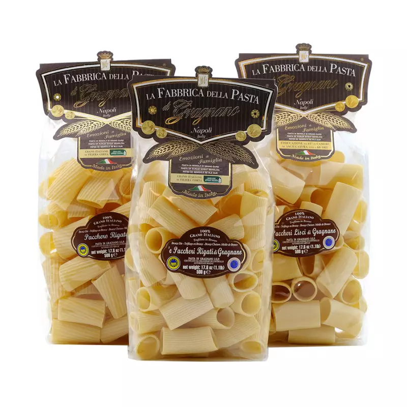 Paccheri Gragnano Pasta PGI Trio - Paccheri Lisci, Paccheri Rigati and Pacchero Rigatello 500 gr x 3