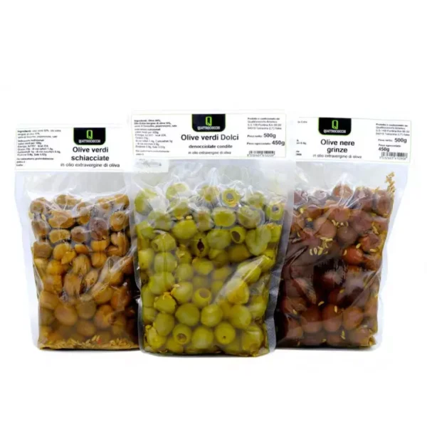 Quattrociocchi Olives Trio: Crushed Olives, Pitted Green Olives and Dried Black Olives in Olive Oil 500 gr x 3