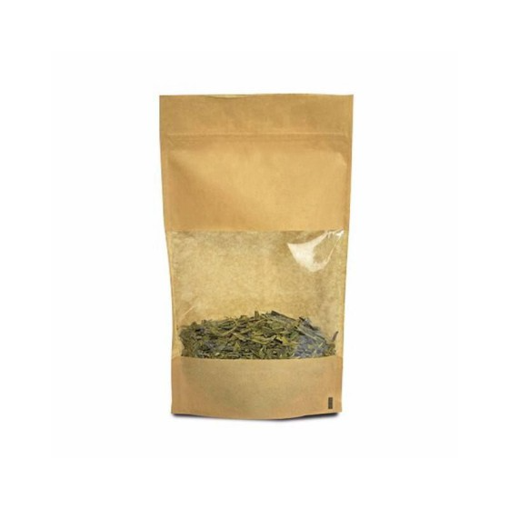 Sachet Doypack kraft brun avec zip et fenêtre 13 + 7 x 22,5 cm - par 100