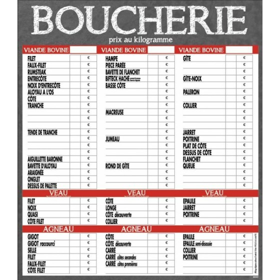 Tableau prix boucherie VBVA "Maestro" 70 x 80 cm - à l'unité